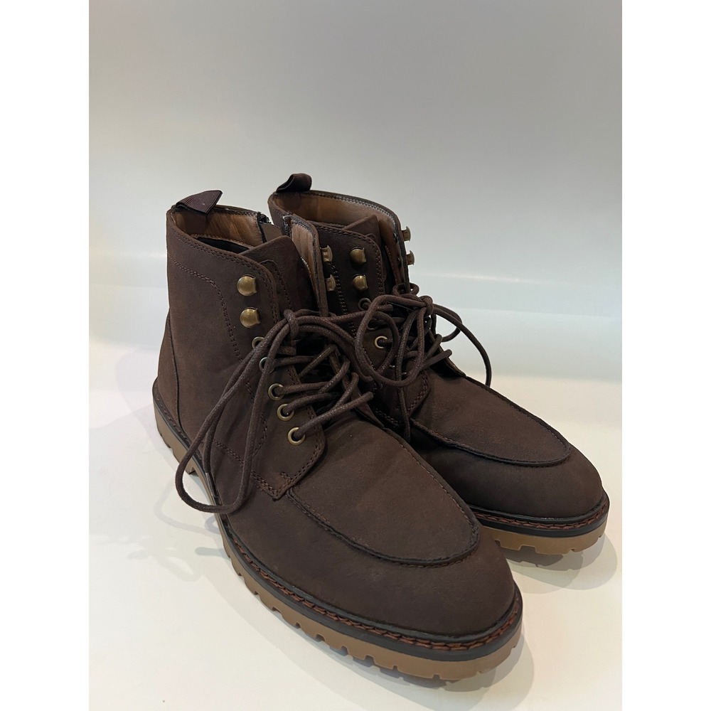 Steve Madden Men Brown Moc Toe Lace Up Side Zip Ankle Boots Lug Sole Size 9.5